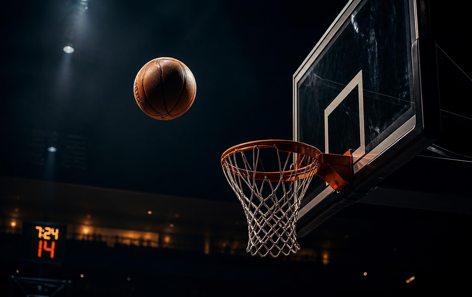 Basketball dropping through the rim in a darkened arena